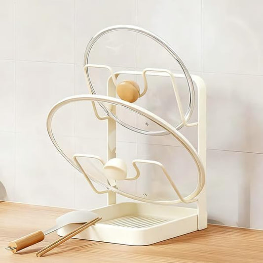 Kitchen Pot Lid Storage Rack - Pot Lid Holder - Pot Lid Rack while cooking - Pot Lid Organizer (Beige, 2-Layer)