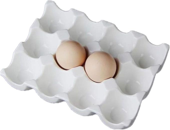Leoyoubei 12 Cups Egg Holder for Fridge,Egg Tray Holder,Pretty Ceramic Egg Plate,7.5X5.5X1.5" Kitchen Restaurant Fridge Storage and Cookable Egg Porcelain Decorative Crate White-Heat Resistant