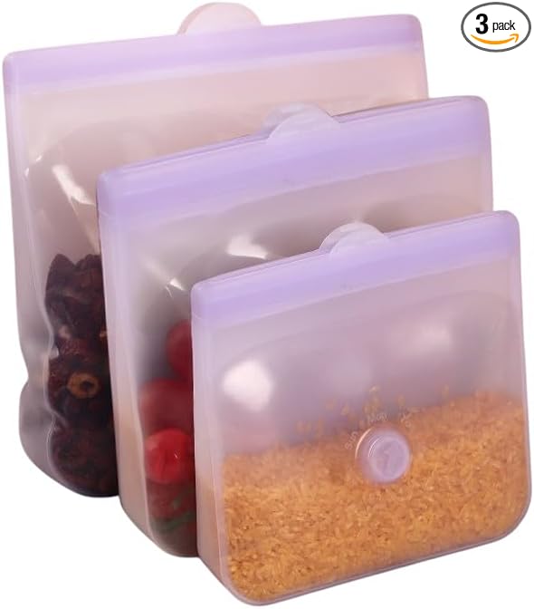 Reusable Silicone Food Storage Bags – Premium Eco-Friendly Multi-Size Set (650ml/1300ml/2000ml), Leakproof, BPA-Free, Freezer & Microwave Safe, Dishwasher Friendly (Purple)