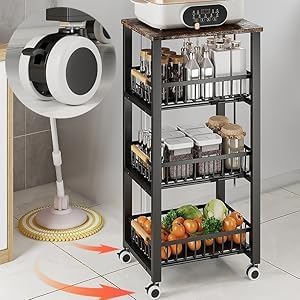 CarolynDesign Metal Wire Baskets with Wheels, Kitchen Storage Stackable Vegetable Fruit Cart Bins with Pull Out Wooden Handel Mat Bottom Sliding Dawers, for Bathroom, Garage and Pantry