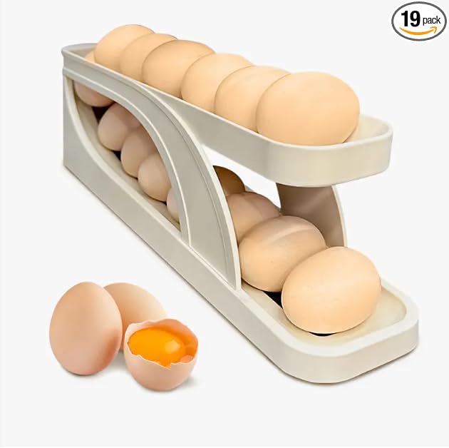 Egg Dispenser for Refrigerator or Kitchen Countertop, Automatic Roll Down Egg Storage for Fridge, Space Saving Gravity Fed Egg Holder and Organizer Tray (Beige/Off White)