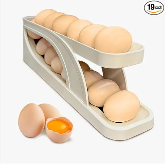 Egg Dispenser for Refrigerator or Kitchen Countertop, Automatic Roll Down Egg Storage for Fridge, Space Saving Gravity Fed Egg Holder and Organizer Tray (Beige/Off White)