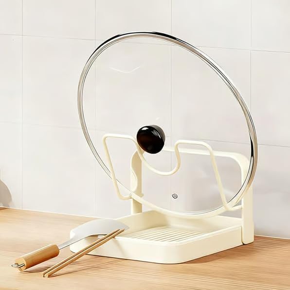 Kitchen Pot Lid Storage Rack, Pot-Lid Cutting Board Holder With Removable Drip Tray, Space-Saving Kitchen Pot Cover Organizer Stand for Countertop (White Single-layer)