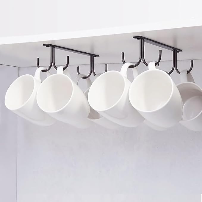 Mug Rack Under Cabinet - Coffee Cup Holder, 8 Mugs Hooks Under Shelf, Display Hanging Cups Drying Hook for Bar Kitchen Utensils Black
