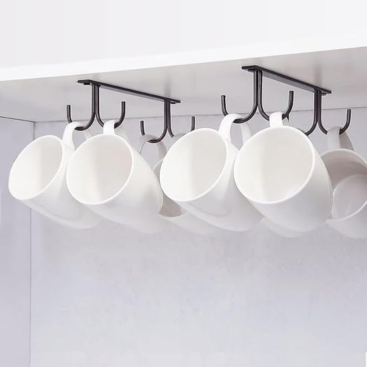 Mug Rack Under Cabinet - Coffee Cup Holder, 8 Mugs Hooks Under Shelf, Display Hanging Cups Drying Hook for Bar Kitchen Utensils Black