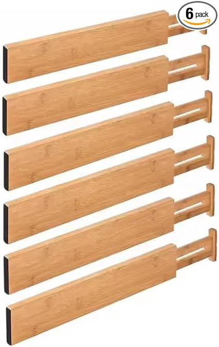 Bamboo Drawer Dividers – Adjustable Expandable Drawer Organizer, 6-Pack Bamboo Separators for Kitchen, Dresser, Clothes, Utensils & Home Organization