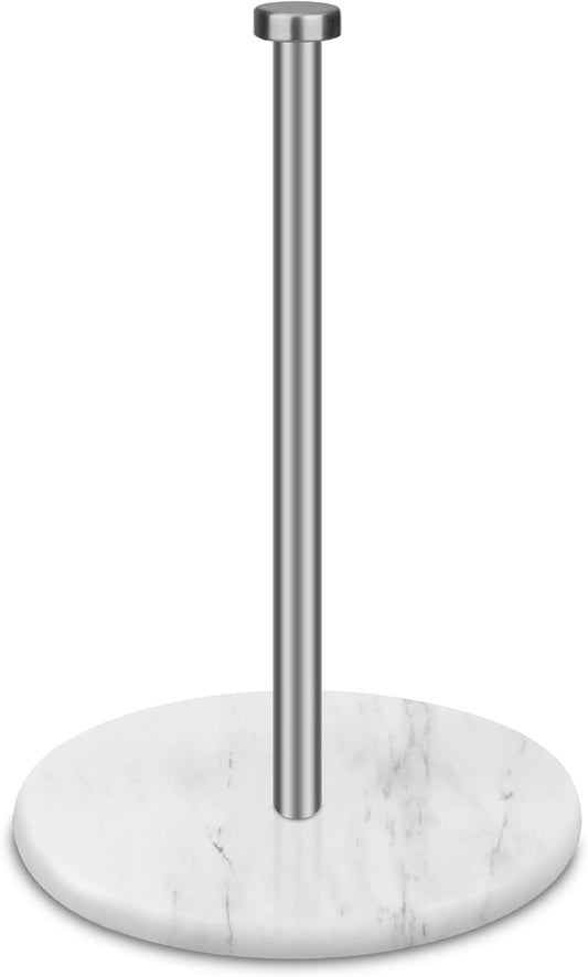 Paper Towel Holder Countertop with 7" Weighted White Marble Base,Modern Free Standing Paper Roll Holder, Brushed Nickel Finish Stainless Steel Stand Paper Towel Holder for Kitchen and Bathroom