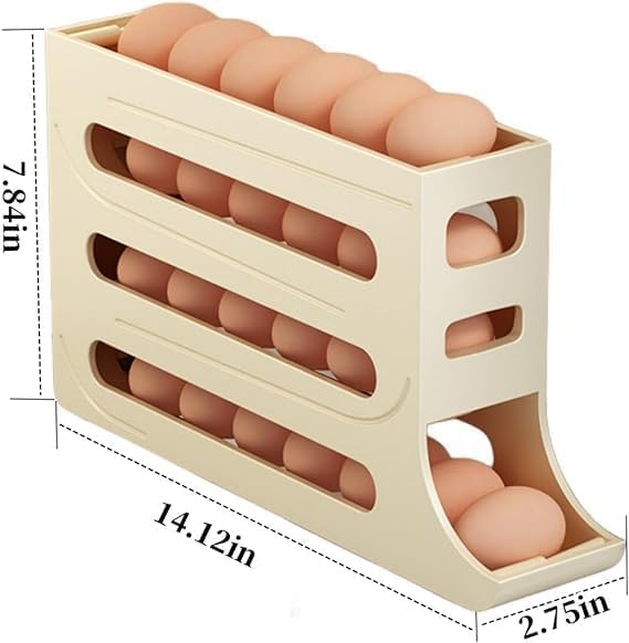 IbErsacs 4 Tiers Egg Holder for Fridge， Automatic Egg Rolling Rack, 30 Eggs Storage Rack, Egg Distributor for Refrigerator, Egg Storage Rack for Kitchen (Cream Color), 14.12x2.75x7.84in