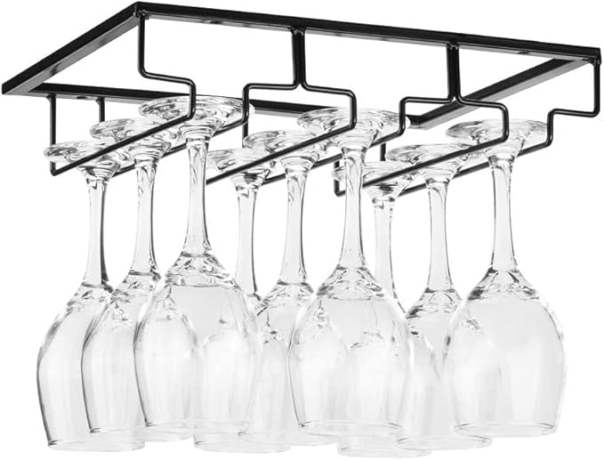 Wine Glass Rack - Under Cabinet Stemware Wine Glass Holder Glasses Storage Hanger 2 Pack Metal Organizer for Bar Kitchen Brown