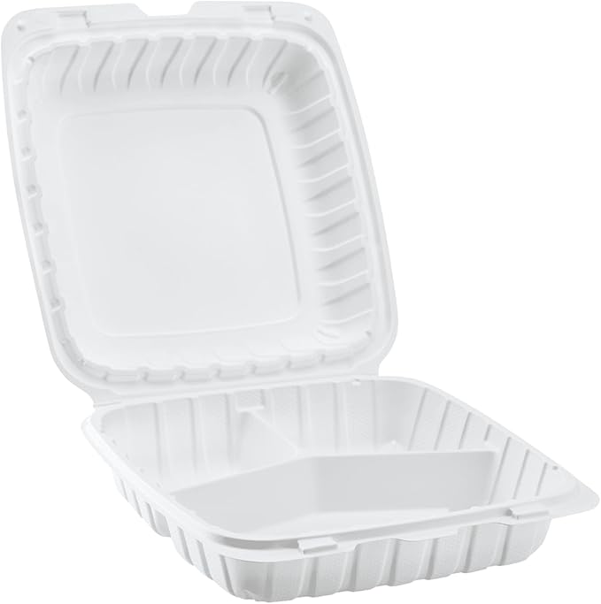 KARAT EARTH Clamshell Take Out Food Containers [9"x9" - 120 ct] To Go Containers | 3 Compartment, Soak-Resistant, Durable, Stackable | Vented for Hot/Cold Foods, White