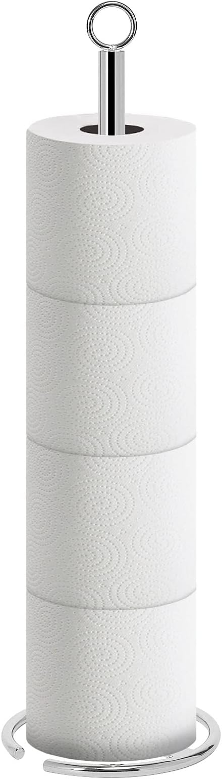 NearMoon Bath Toilet Paper Holder Stand, Freestanding Tissue Paper Storage with Reserve, Space Toilet 4 Rolls Holder for Bathroom/Kitchen Countertop-All Metal (1 Pack, Chrome Finish)