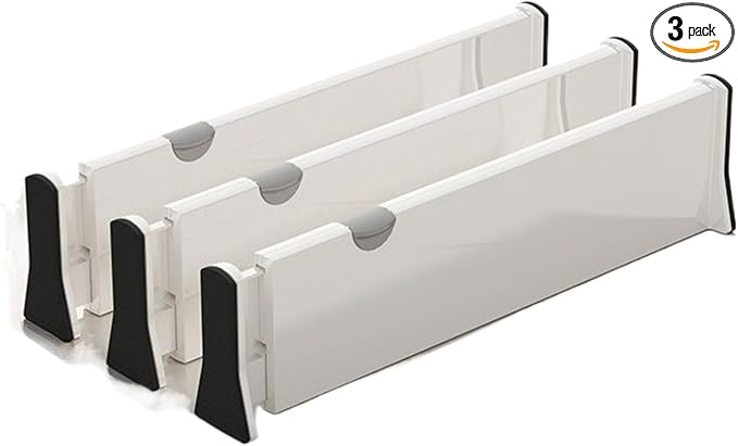 Adjustable Drawer Dividers 3-Pack Expandable Organizers with Non-Slip Pads for Kitchen Bathroom Dresser Vanity Desk Office Easy Install (White,Large(15-21.3 in))