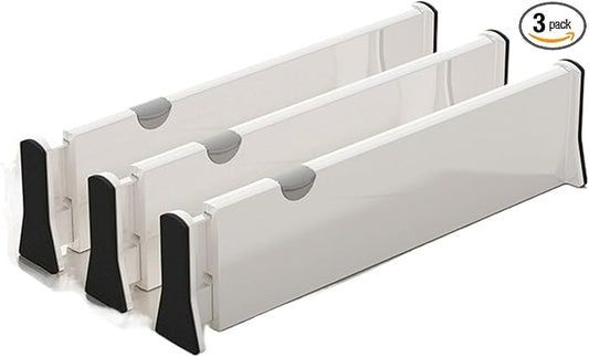 Adjustable Drawer Dividers 3-Pack Expandable Organizers with Non-Slip Pads for Kitchen Bathroom Dresser Vanity Desk Office Easy Install (White,Large(15-21.3 in))