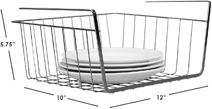 Home Basics Under Shelf Steel Wire Basket Hanging Storage Space Saver Slide-On Basket for Pantry, Cabinets, Closet, Shelves - No Hardware Needed - Silver