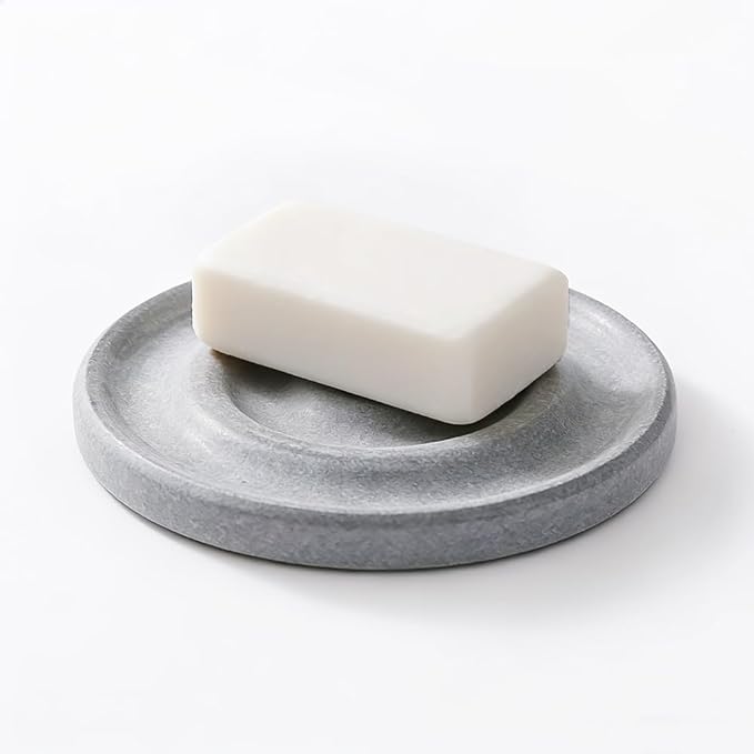 Diatomite Stone Soap Dish & Tray - Water Absorbing for Bathroom Kitchen Sink, Quick Dry Sponge Holder, Non-Slip Stand, Round Organizer Mat for Bar Soap, Drying Tray & Coaster(Light Gray)