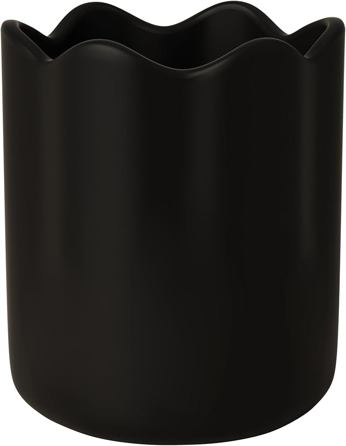 Ceramic Utensil Holder for Kitchen Counter, 6.2" Kitchen Utensil Holder with Cork Bottom for Countertop, Modern Scalloped Cooking Tool Organizer for Spatula, Black