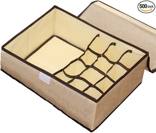 FACELESS Cotton and Linen Fabric Storage Box, Foldable with Lid, Dust-Proof, Drawer Style Partition, Underwear and Socks Storage (Beige -13 grids, 17.72X11.42X4.72 IN)