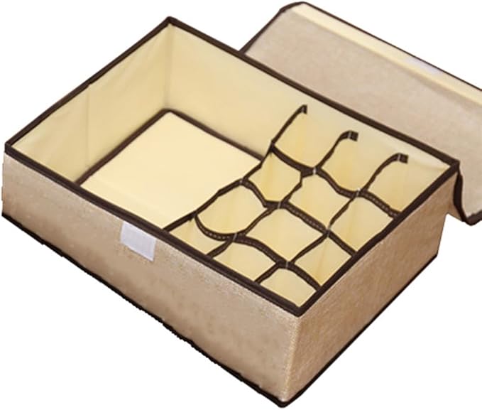 FACELESS Cotton and Linen Fabric Storage Box, Foldable with Lid, Dust-Proof, Drawer Style Partition, Underwear and Socks Storage (2 pieces - beige-13 grids, 12.6X9.84X4.72 IN)