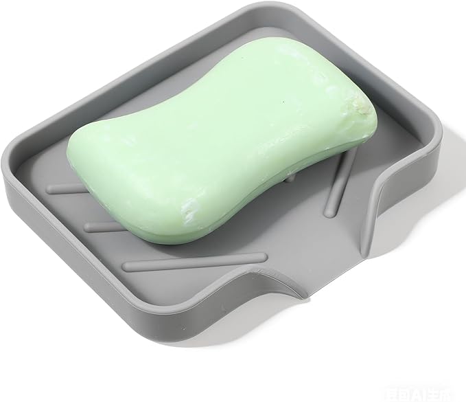 Silicone Bathroom Soap Dishes with Drain Spout Soap Dispenser Tray Sponge Holder Self Draining Kitchen Sink Counter Organizer Caddy for Dispenser Scrubber Bottle Cup(Grey)