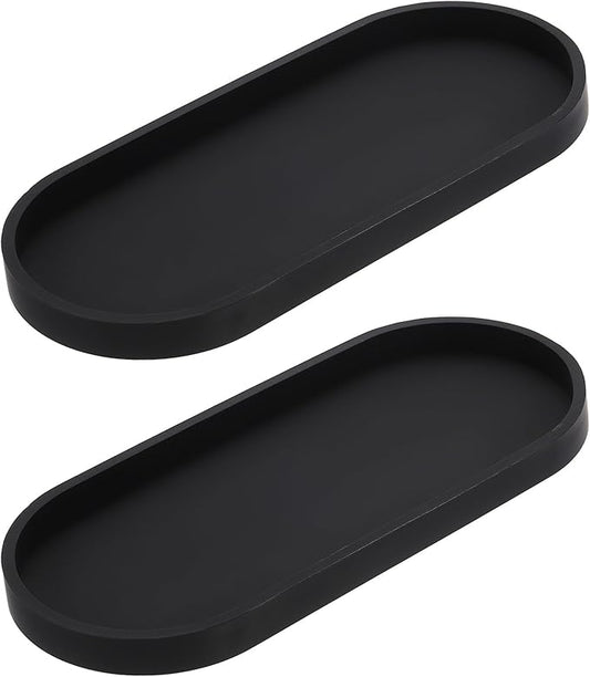 uxcell 2Pcs Bathroom Vanity Tray, 11.8" x 5" Oval Silicone Soap Dispenser Trays, Shatterproof Kitchen Sink Organizer for Soaps Keys Candle Trinket, Black