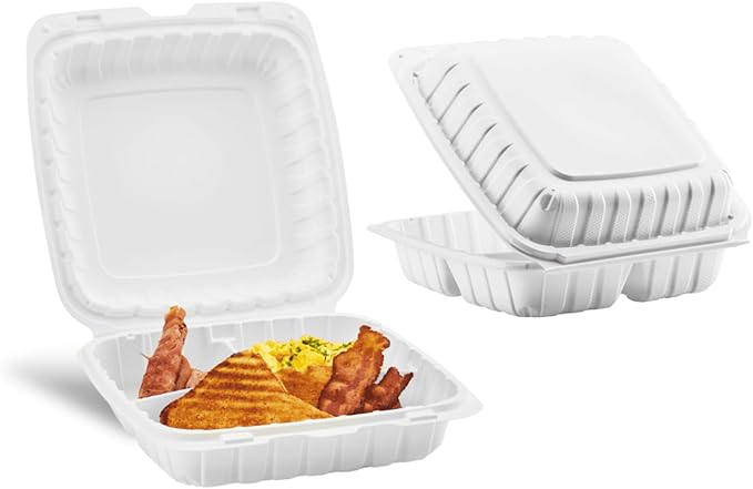 KARAT EARTH Clamshell Take Out Food Containers [9"x9" - 120 ct] To Go Containers | 3 Compartment, Soak-Resistant, Durable, Stackable | Vented for Hot/Cold Foods, White