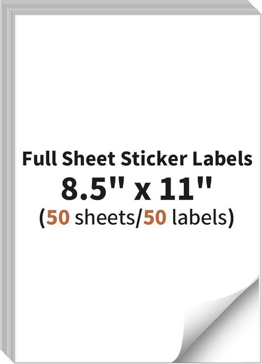 8.5" x 11" Shipping Labels Paper (50 Sheets, 50 Labels), Full Sheet Sticker Labels,Self Adhesive Full Sheet White Matte Label Paper, Address Sticker Labels for Laser & Inkjet Printer