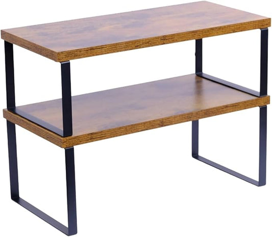 Sben Cabinet Organizer Shelf, Set of 2 Kitchen Counter Shelves, Kitchen Storage, Spice Rack, Stackable, Expandable, Metal and Engineered Wood, Ink Black and Rustic Brown