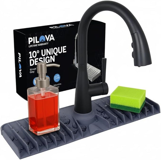 Pilova Premium Kitchen Sink Splash Guard - [18" x 5.7"] Silicone Sink Mat with Secure Clip, 10° Slope Silicone Faucet Mat for Kitchen Sink, Splash Guard Behind Faucet, Non-Slip Secure Fit