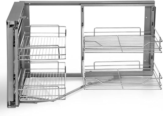 Stainless Steel Pull-Out Corner Cabinet Organizer - Heavy-Duty L-Shaped Kitchen Organizer with 4 Baskets, Left/Right Opening Adjustable for Pantry, Laundry & Cafe (Grey, 35.24"