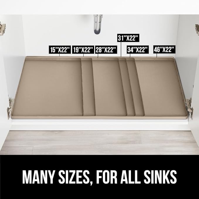 GORILLA GRIP Waterproof Silicone Under Sink Mat with Raised Lip for Kitchen and Bathroom, 28 x 22 in, Cabinet Shelf Liner Stay in Place Mats Dishwasher Safe Drawer Liner, Organizer Tray, Beige