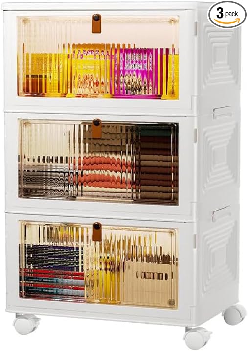 3 Tier Plastic Storage Bins with Lids 35QT, Stackable Storage Containers with Wheels, Folding Storage Boxes, Collapsible Storage Bins, Closet Organizers and Storage for Living Room,Office,Dorm