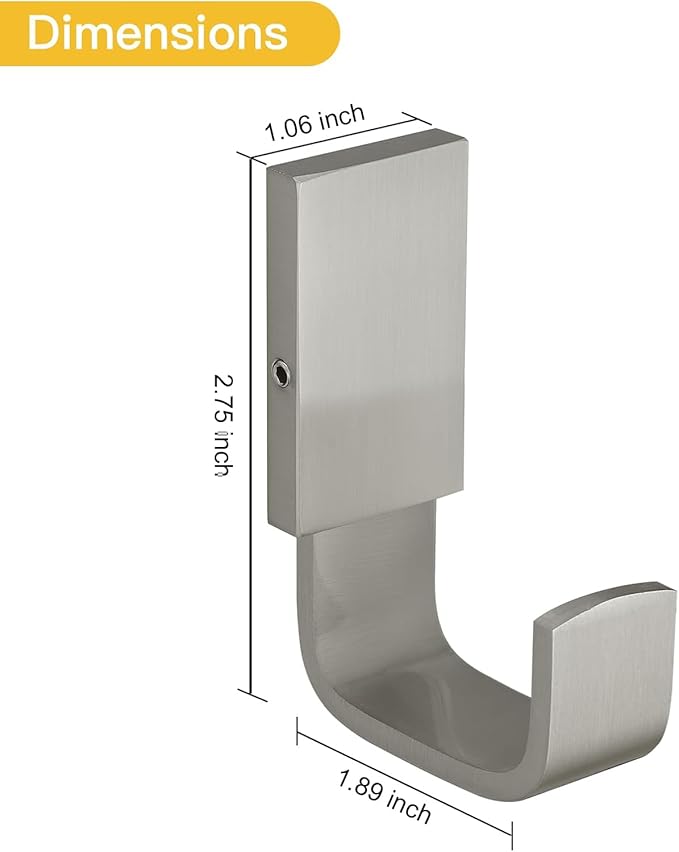 BESy Brass Clothes Hook Single Towel/Robe/Coat/Hat Hook for Bathroom Kitchen Garage, Square Style, Self Adhesive or Wall Mounted, Two Packs, Brushed Nickel