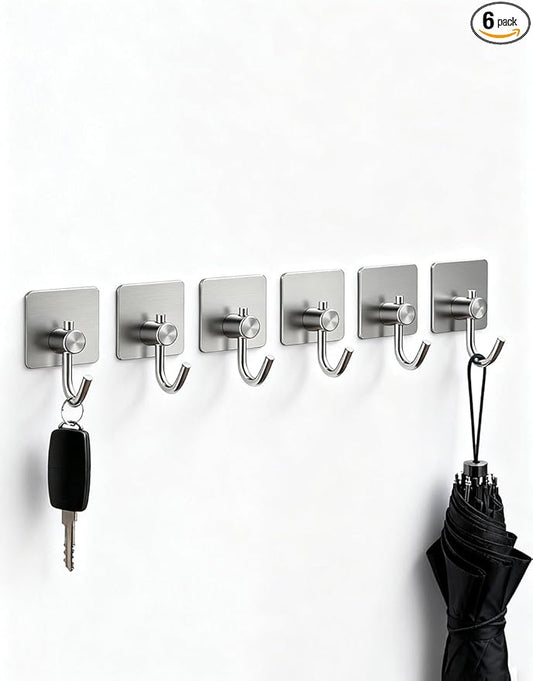 EDMILE Self Adhesive Towel Hooks for Bathrooms, Sturdy Wall Hooks for Walls No Damage, Waterproof Rustproof Stainless Steel Sticky Hooks for Hanging Shower, Bathroom, Kitchen, Robe, Coat, Silver