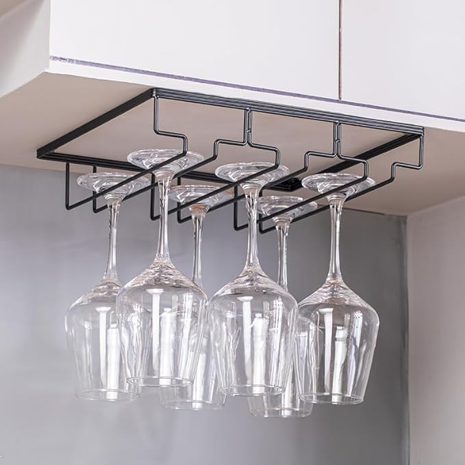 Wine Cup Holder Table Decoration Storage Hanger Metal Organizer for Bar Kitchen Stemware Rack Under Cabinet Stainless Steel Hanger Storage Shelf Black (Black, 3 Rows 2 Packs)