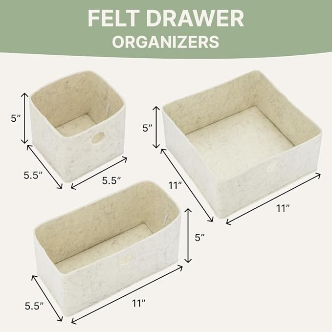 Parker Baby Felt Drawer Organizers 3 Pack | Versatile & Sturdy Nursery Organizers for Drawers | Extra-Durable and Collapsible Soft Felt Drawer Storage Bins w/Soft Edges | Heathered White, 3 Pack