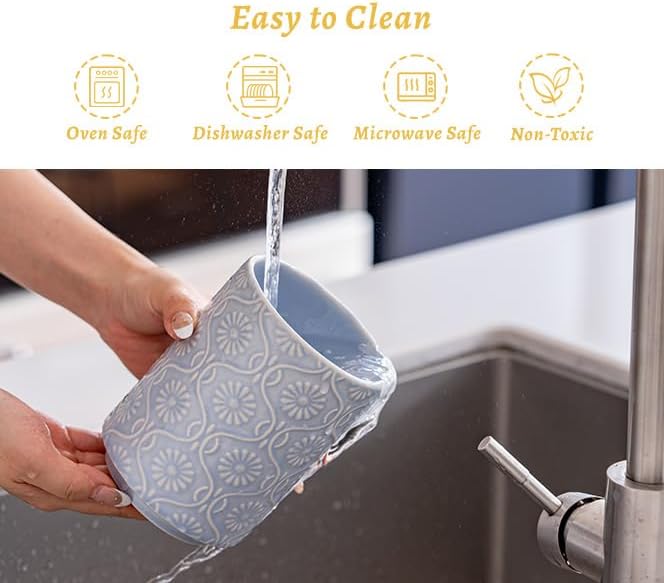 TEATALK Utensil Holder Set of 2, 7.7"+5.7" Ceramic Kitchen Utensil Holder for Countertop, Farmhouse Vintage Utensil Crock, 360° Rotating Large Utensil Organizer, Light Blue