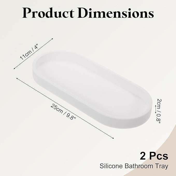 uxcell 2Pcs Bathroom Vanity Tray, 9.8" x 4" Oval Silicone Soap Dispenser Trays, Shatterproof Kitchen Sink Organizer for Soaps Keys Candle Trinket, White