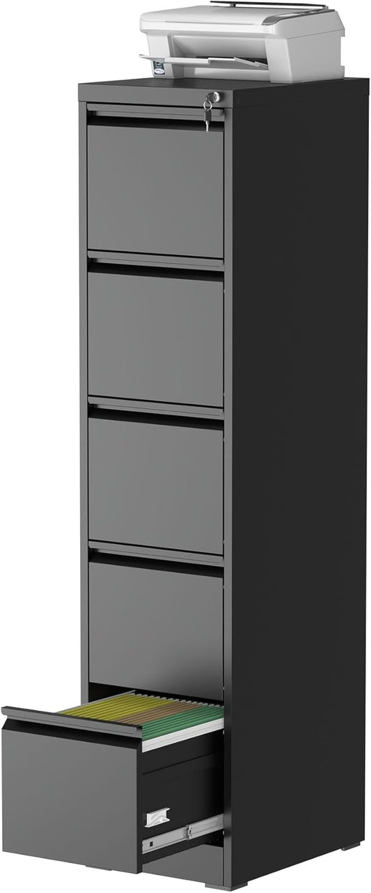 5 Drawer Vertical File Cabinet with Lock, Metal Filing Cabinets for Home Office, Heavy Duty File Storage Cabinet for Legal/Letter/A4 Documents, Easy to Assemble, Black