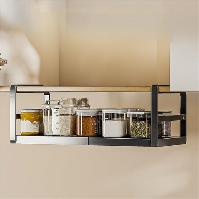 Hanging Under Shelf Storage Basket, Expandable Under Shelf Storage, Heavy Duty Slide-in Baskets Organizer for Pantry Cabinet(Black,Large)