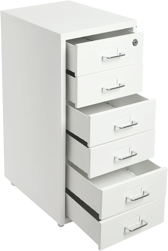 Vertical Metal File Cabinet with Lock, 6 Drawer Rolling Filing Cabinet on Wheels for A4 Legal and Letter Size Small Mobile File Organizer Cabinet for Home Office, 11x16x27in White