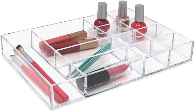 Isaac Jacobs 12-Compartment Clear Acrylic Drawer Organizer (9.4" L x 6.4" W x 1.3" H), Multi-Sectional Tray & Storage Solution for Makeup, School & Office Supplies, Bathroom, Kitchen