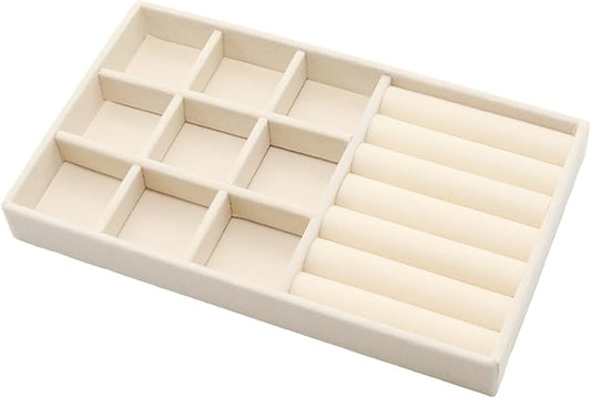 Velvet Jewelry Organizer Trays Beige Stackable Jewelry Storage Display Tray with Removable Dividers, 9 Grids and Rolls