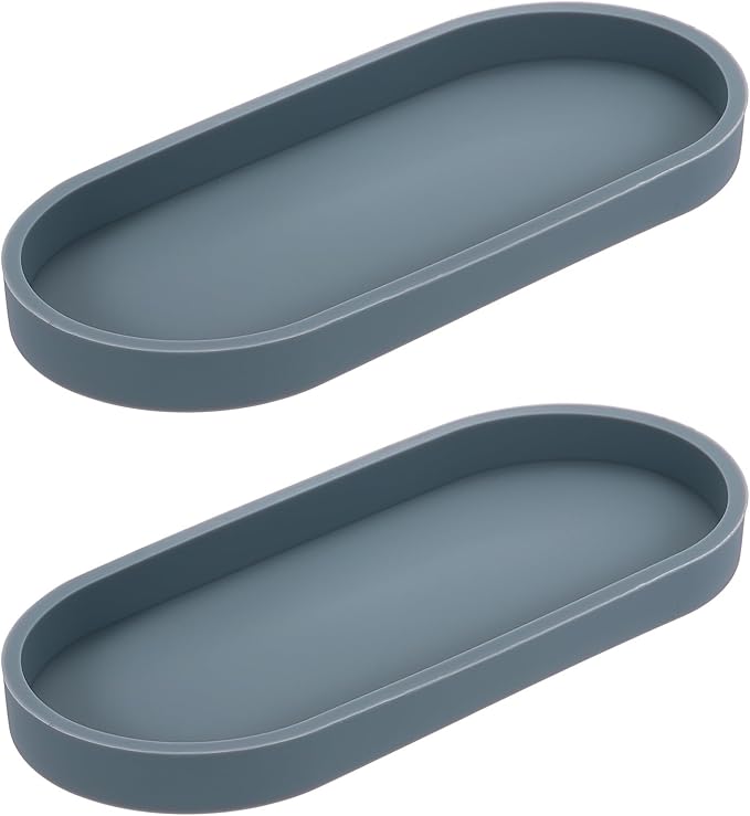 uxcell 2Pcs Bathroom Vanity Tray, 9.8" x 4" Oval Silicone Soap Dispenser Trays, Shatterproof Kitchen Sink Organizer for Soaps Keys Candle Trinket, Gray