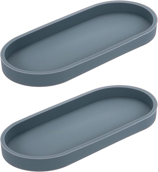 uxcell 2Pcs Bathroom Vanity Tray, 9.8" x 4" Oval Silicone Soap Dispenser Trays, Shatterproof Kitchen Sink Organizer for Soaps Keys Candle Trinket, Gray