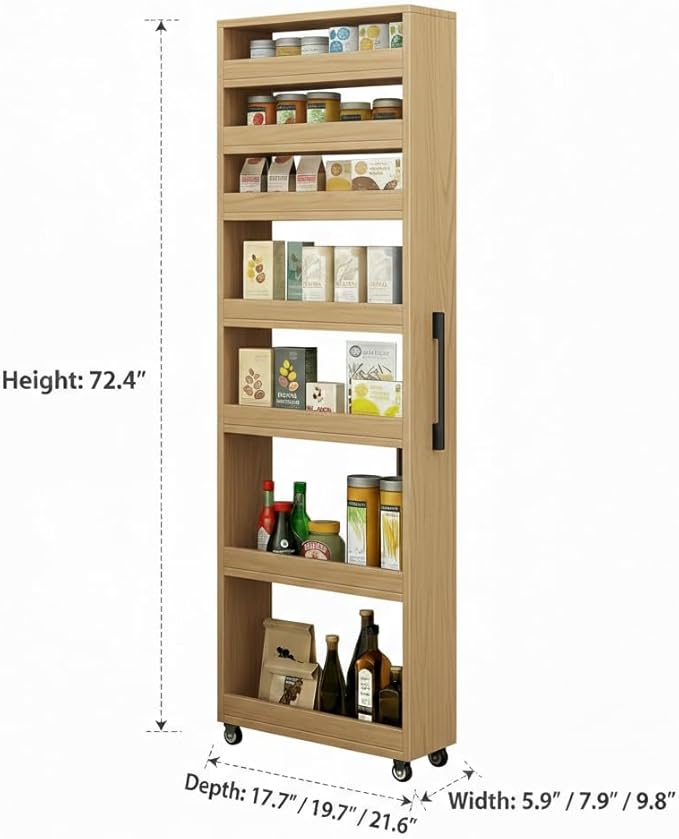 7 Tier Slim Rolling Storage Cart with Wheels, Narrow Storage Cabinet for Small Spaces, Mobile Spice Rack Organizer for Kitchen, Pantry, Baking Room, Dining Room(Wood,9.8"x21.6"x72.4")