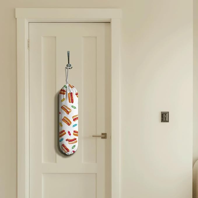 Hot Dogs Plastic Bag Holder, Reusable Hanging Grocery Bags Organizer, Fabric Garbage Trash Bag Storage Dispenser for Home Kitchen Pantry Cabinet, Wall Mount, Kitchen Housewarming Gifts