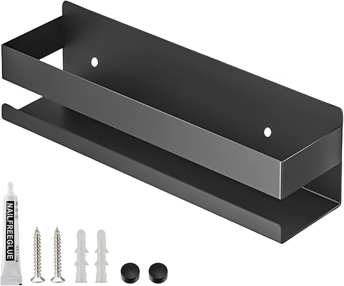 Floating Stainless Steel Shelves with Baking Paint Technique Rust Protection, Nail-Free Wall Mounted Spice Rack for Kitchen,Storage Organizer Shelves,Set of 1 Black