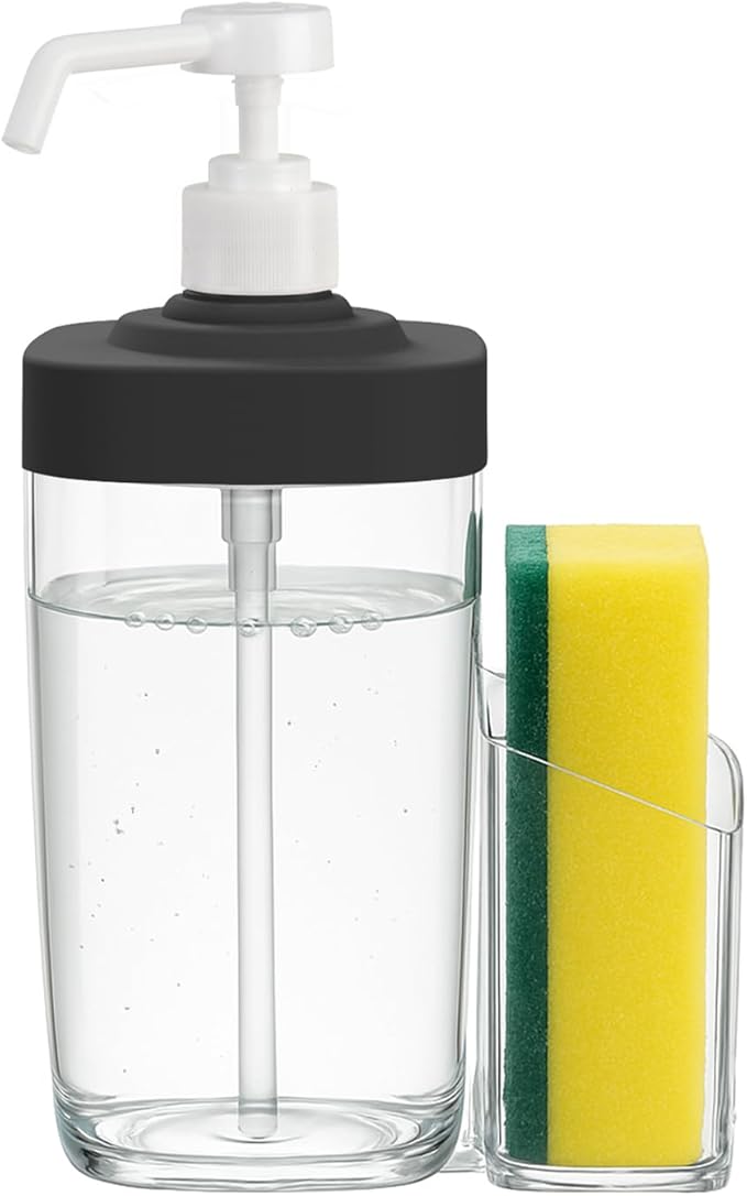 Kitchen Soap Dispenser with Sponge Holder, 800ml Large Capacity Dish Soap Dispenser Caddy, Shatterproof & Rustproof Sink Organizer with Extended Tube, Removable Caddy - Free Funnel Included (Black)