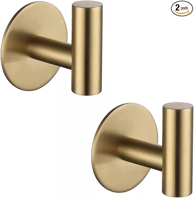 Zuvky Self Adhesive Hooks 304 Stainless Steel Heavy Duty Hangers Without Nails for Bathrooms Kitchen Livingroom Garage Hotel Towel Hook-2 Pack (Gold)