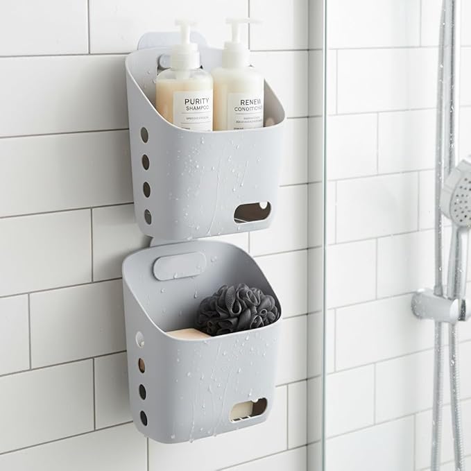 LeleCAT Plastic Hanging Basket Kitchen Storage organizer, Basket with Detachable hook, Hang it behind a door or on a railing, Over the Cabinet Door (Light Gray, Small) 2pack